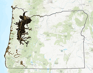 Map of Oregon with darkened areas where photograph exist in the Aerial Photography collection